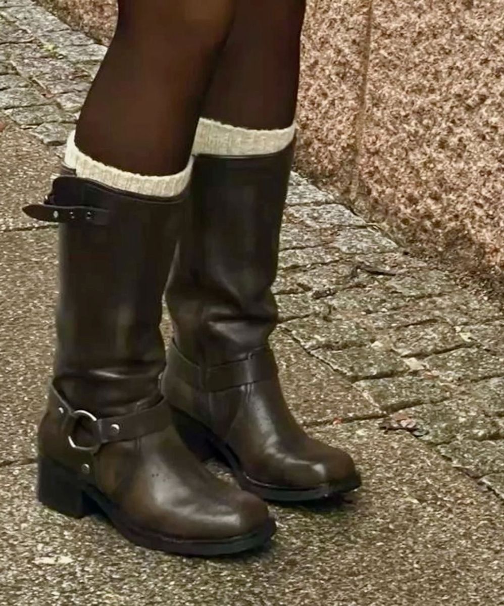 Casual Dark Brown Boots — Buckle Strap, Harness Detail, Stacked Block