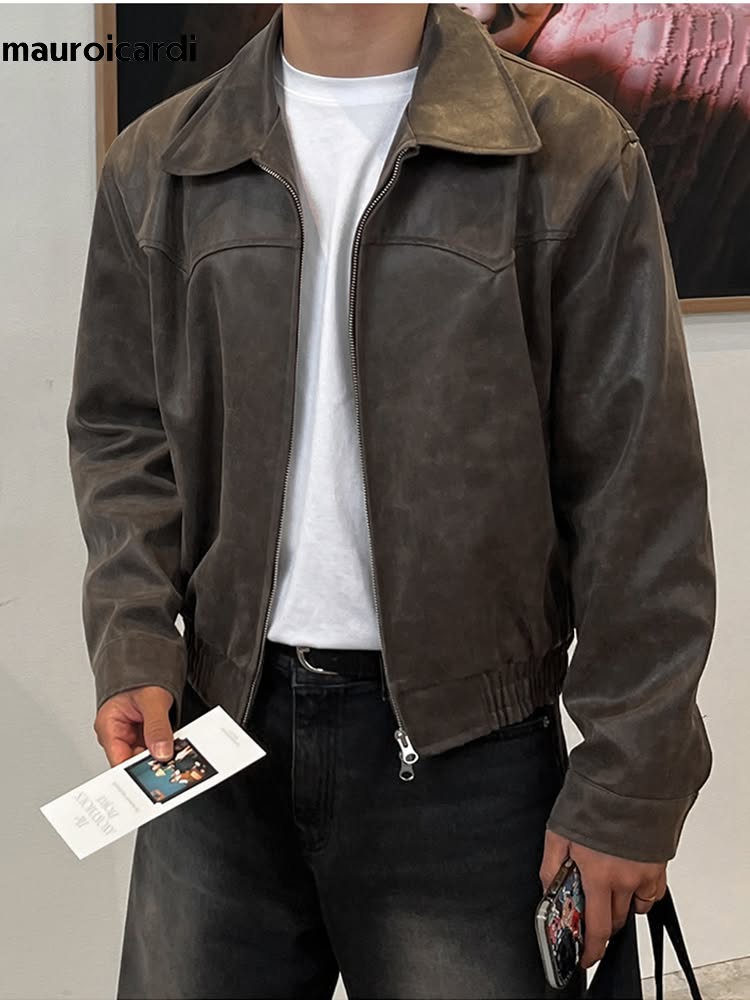 Mauroicardi Dark Brown Distressed Bomber Jacket — Zipper Closure