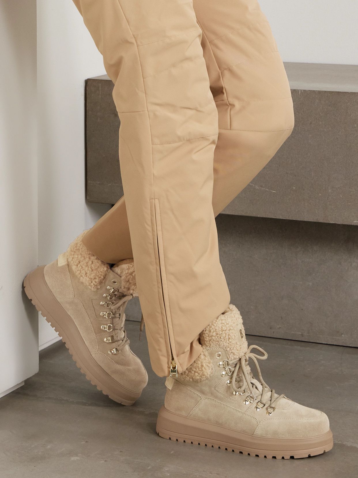 Bogner Camel Suede Ankle Boots — Shearling Trim, D-ring Lace-up