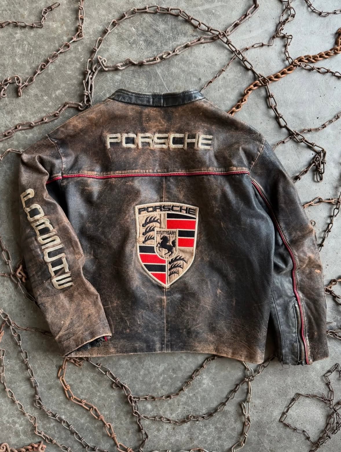 Porsche Distressed Brown Leather Jacket — Porsche Text Embroidery