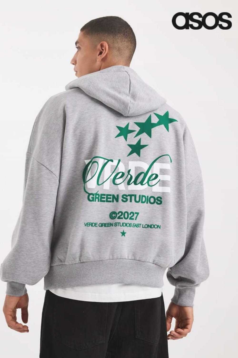 ASOS DESIGN gray heather hoodie — drawstring hood, ribbed cuffs and hem, green star and text graphic on back