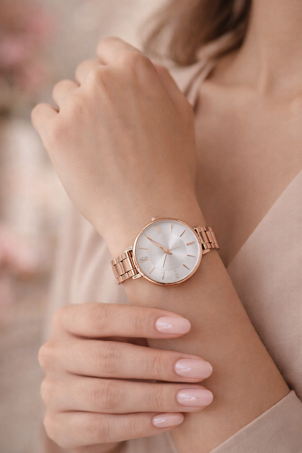 elegant rose gold watch — round case, minimalist dial, link bracelet, baton hour markers