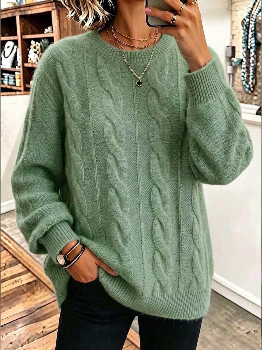 Casual Sage Green Sweater — Round Neckline, Long Sleeves, 3D Cable