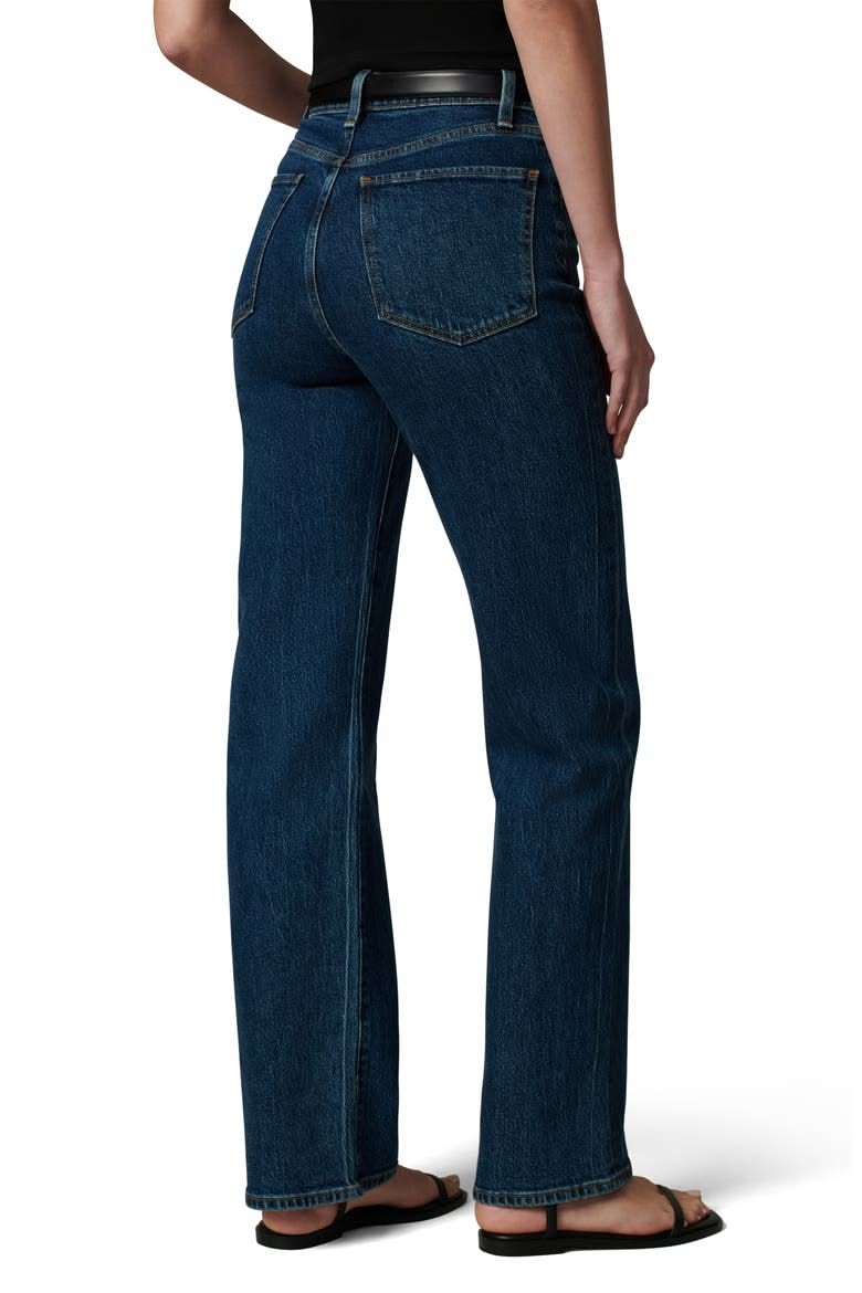 Minimalist Dark Blue Denim Straight Leg Jeans — High-rise Waist, Back
