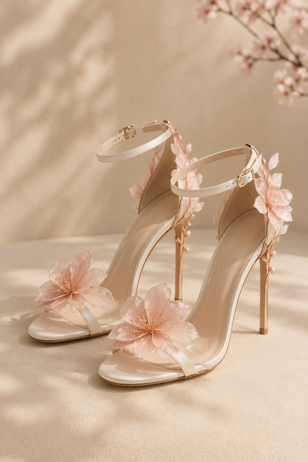 Luxury Ivory with Blush Pink Accents Heeled Sandals — 3D Sheer Floral