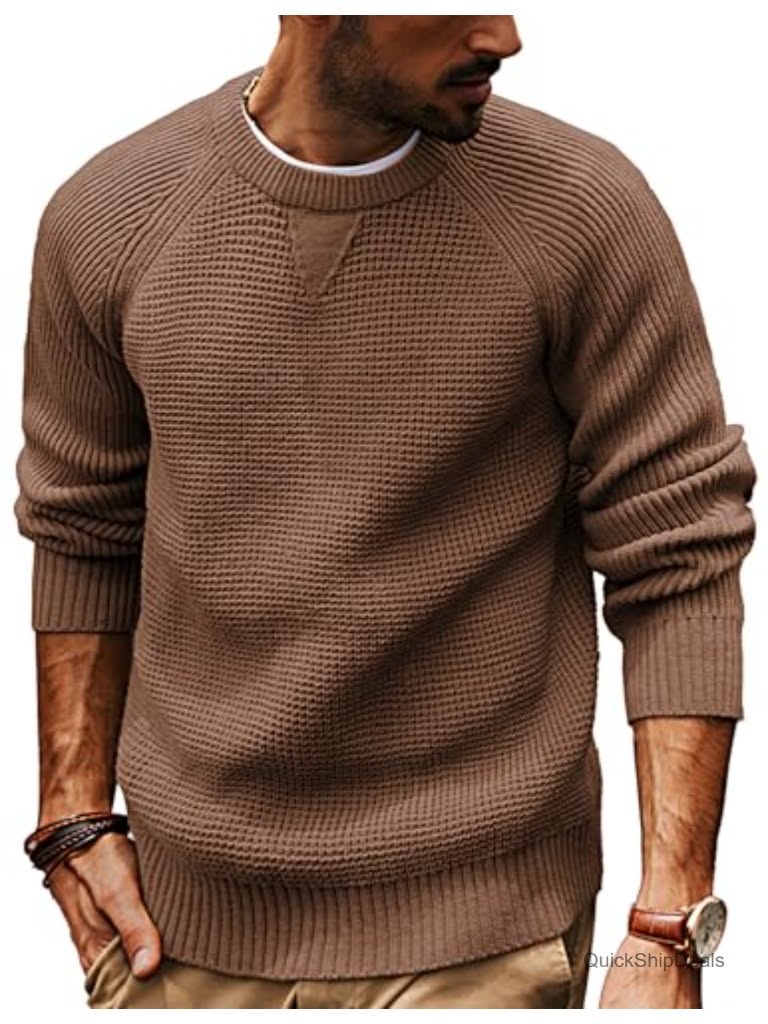 Casual Brown Sweater — Crewneck, Raglan Sleeves, Ribbed Collar, Cuffs