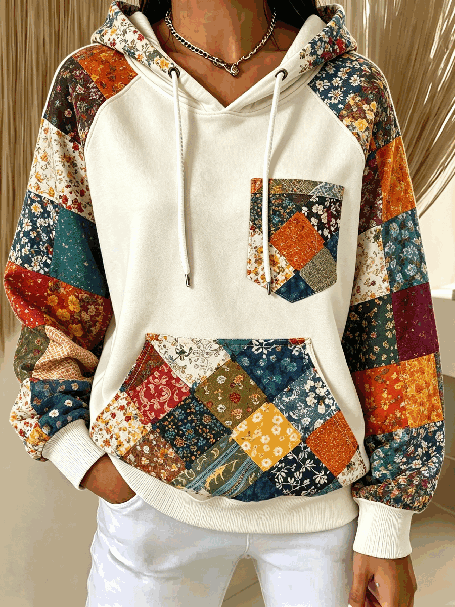 Casual Ivory and Multi-color Floral Patchwork Hoodie — Raglan Sleeves