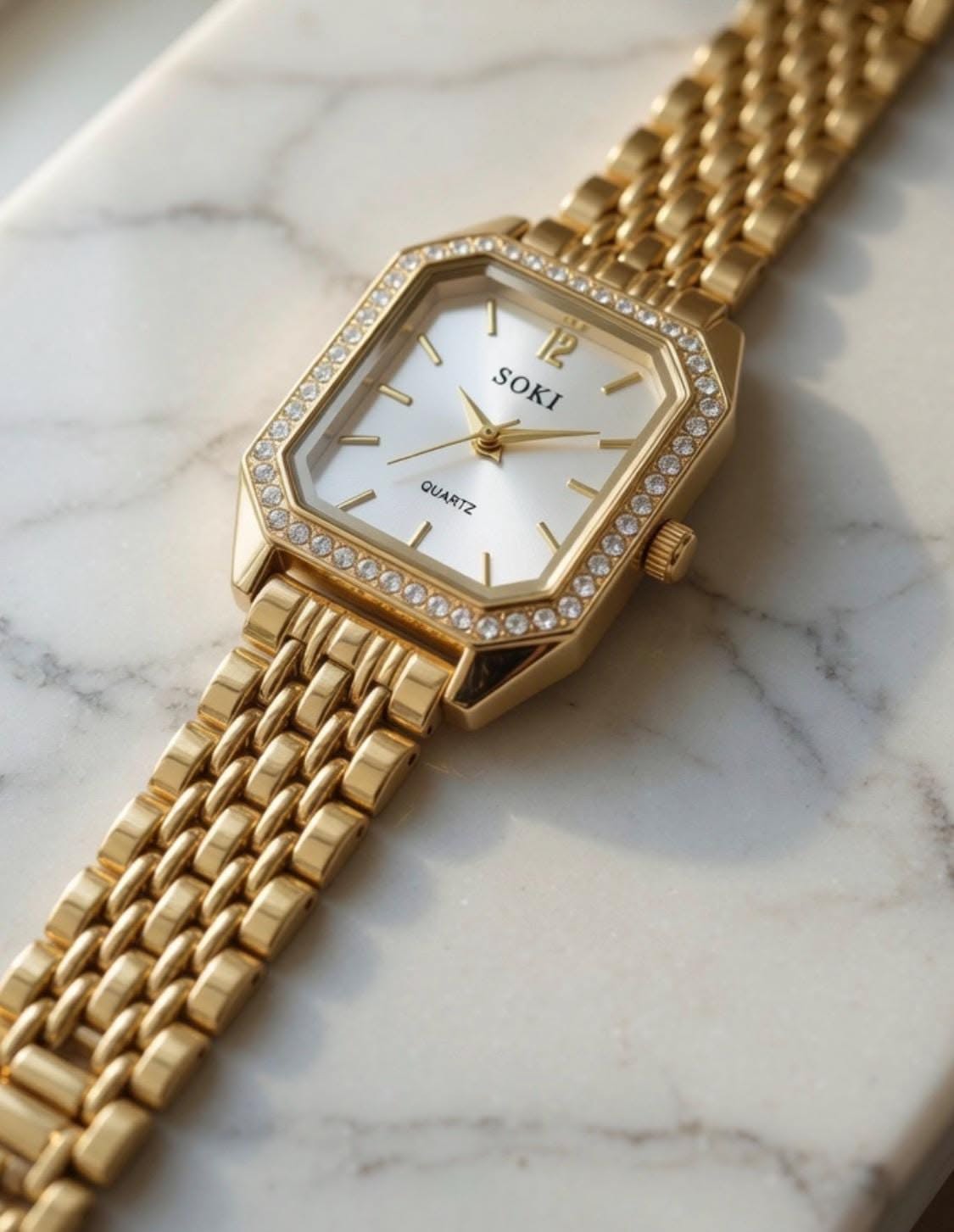 SOKI Gold and White Watch — Octagonal Gold Case with Rhinestone Pave