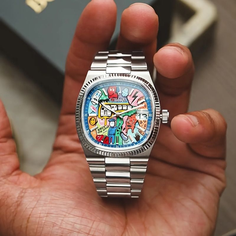 streetwear silver with multicolor dial wrist watch — fluted bezel, jubilee bracelet, graffiti art dial, date window, Roman numerals