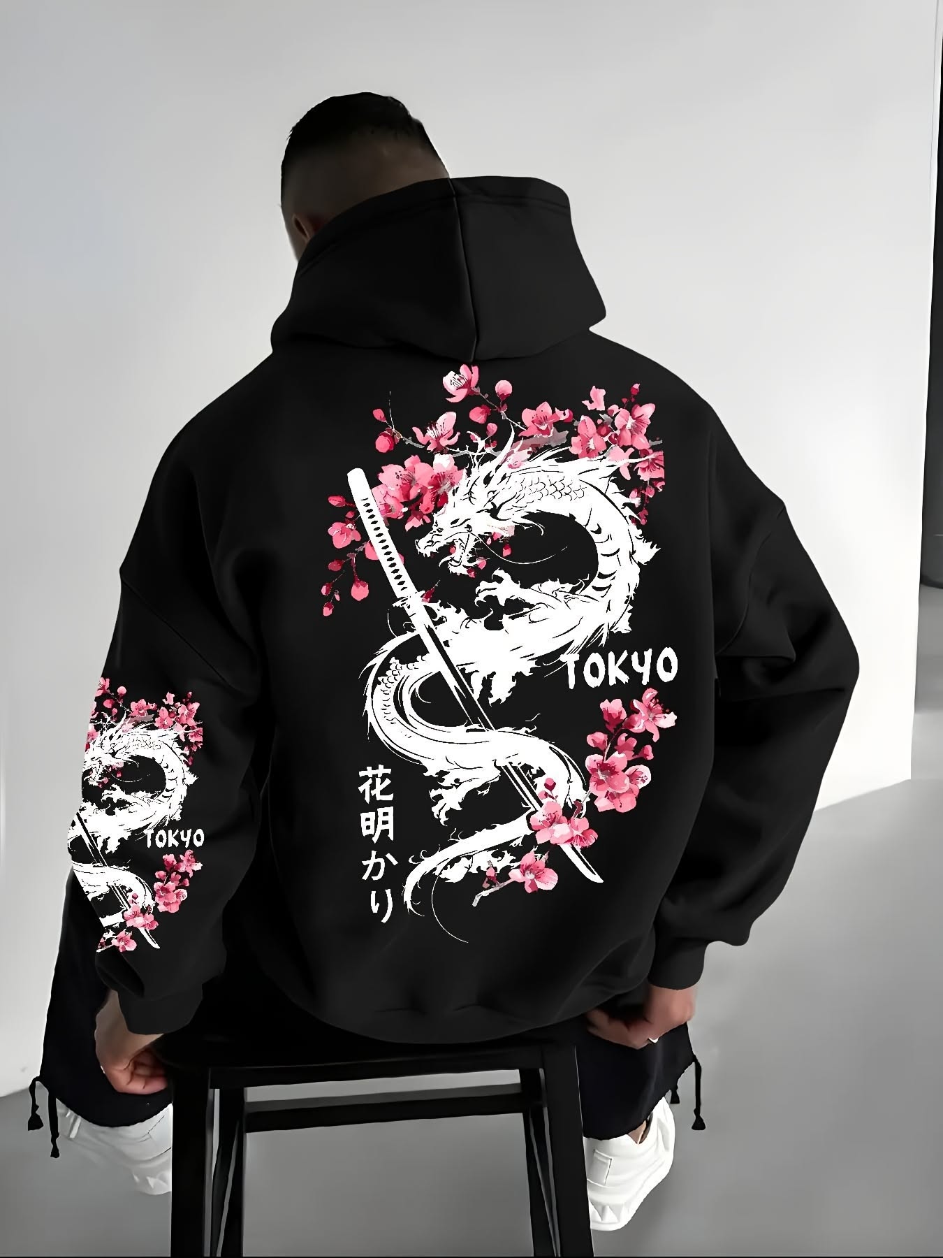 Streetwear Black Hooded Sweatshirt — White Dragon Graphic, Pink