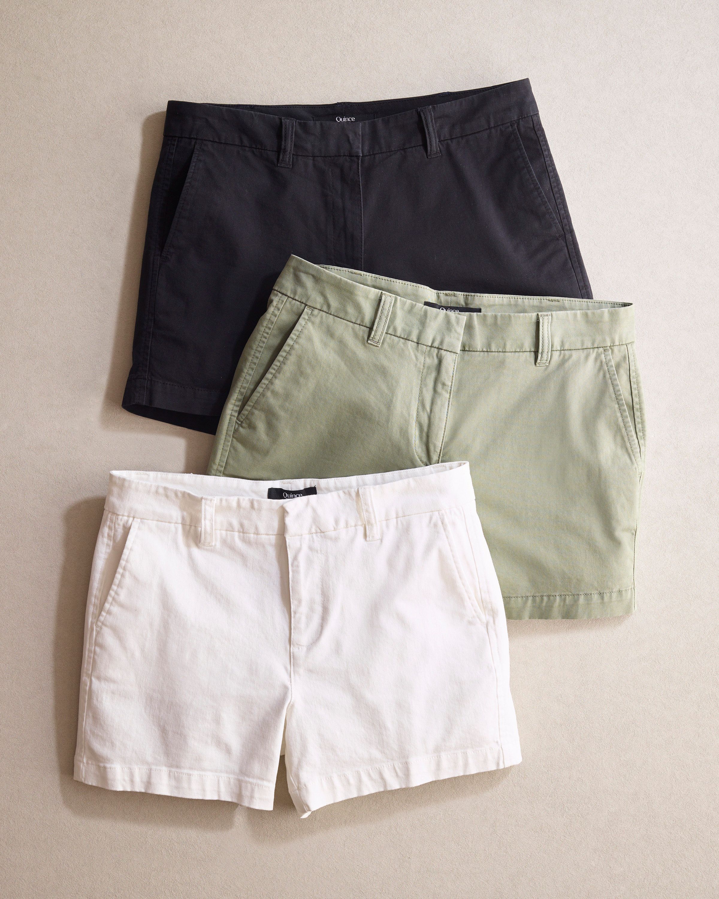 Quince Black, Sage Green, and White Chino Shorts — Belt Loops