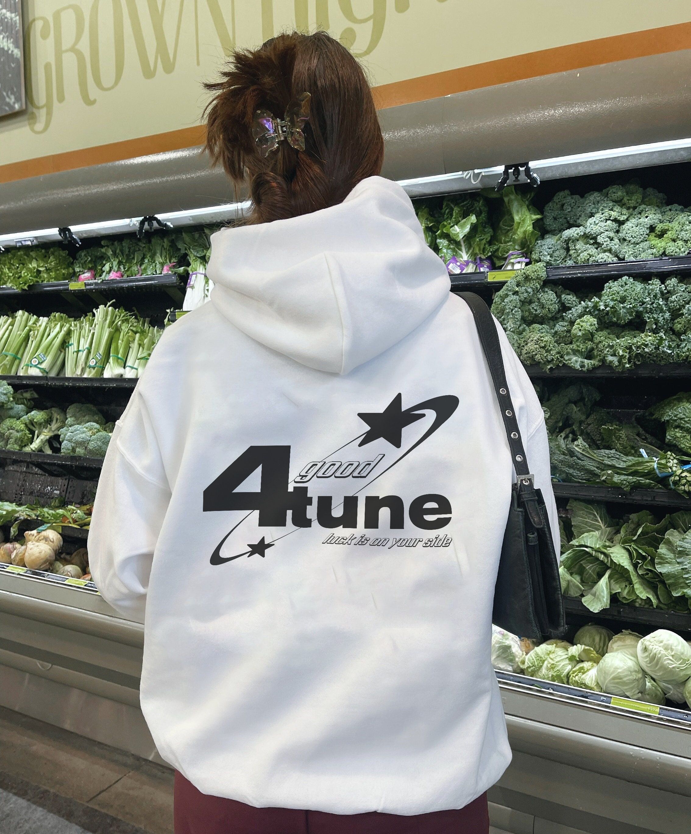 Streetwear White Hoodie — Back Graphic Print with '4 Good Tune' Text