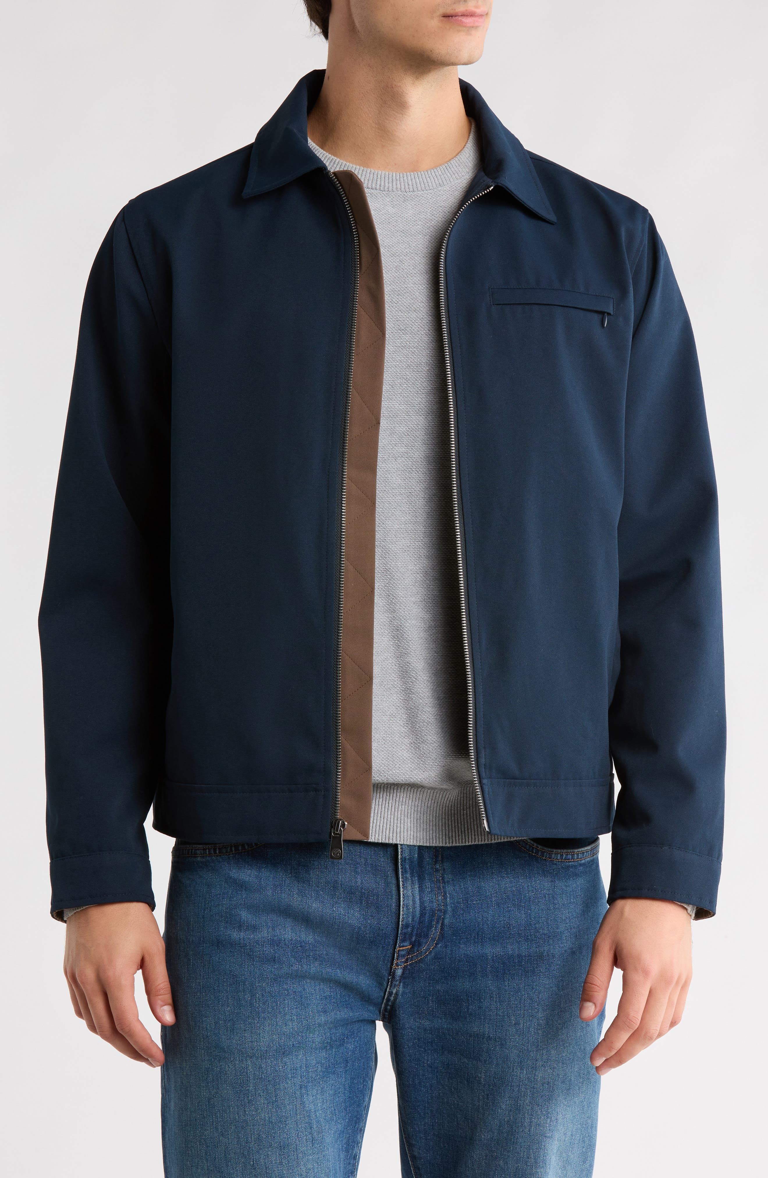Hart Schaffner Marx Navy Blue Bomber Jacket — Point Collar, Full Zip