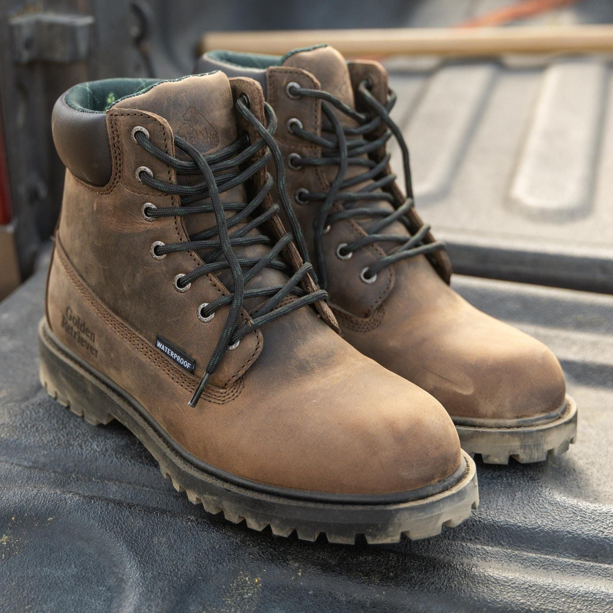 Golden Retriever Distressed Brown Leather Work Boots — Waterproof