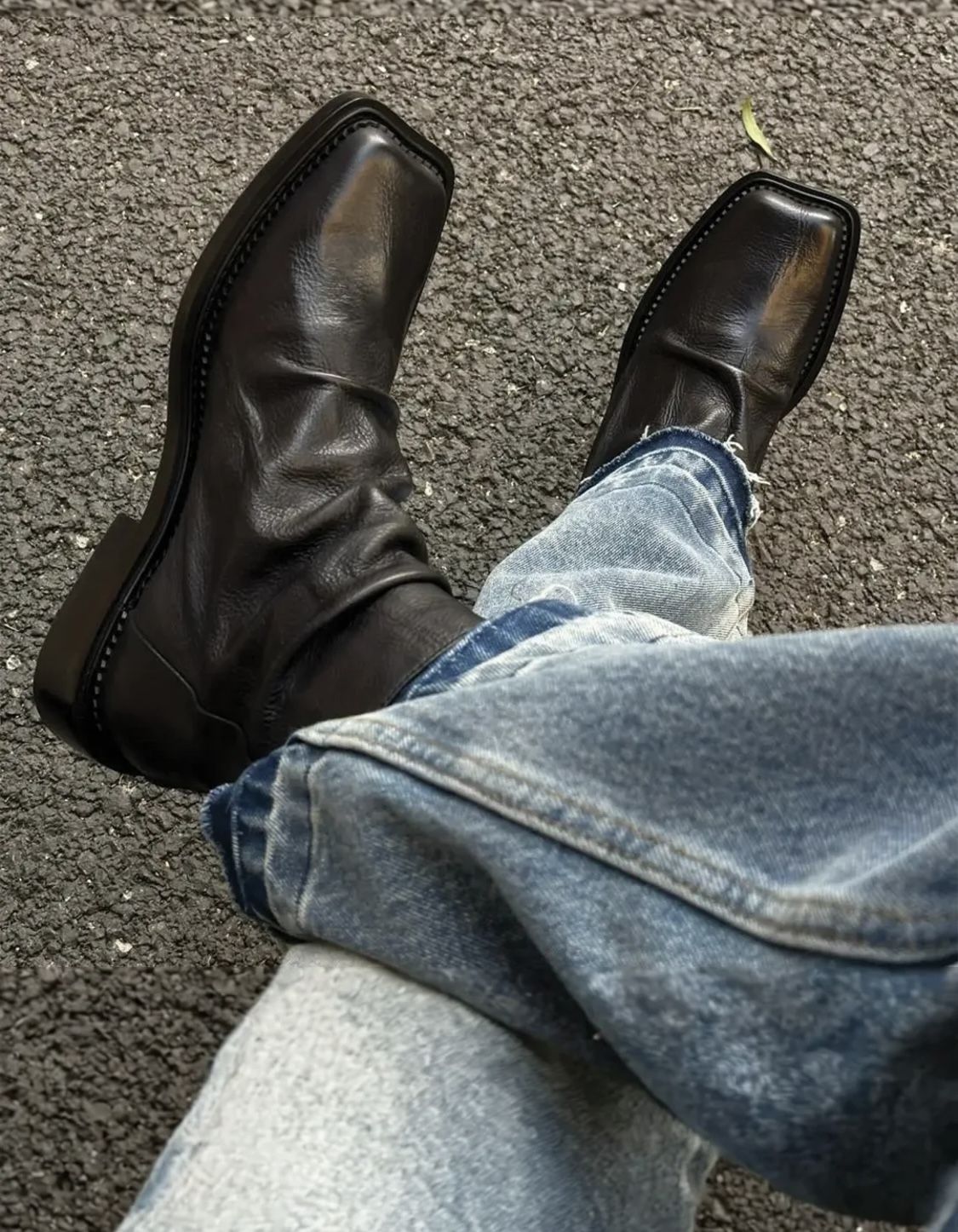 contemporary black ankle boots — square toe, low block heel, slightly ruched shaft