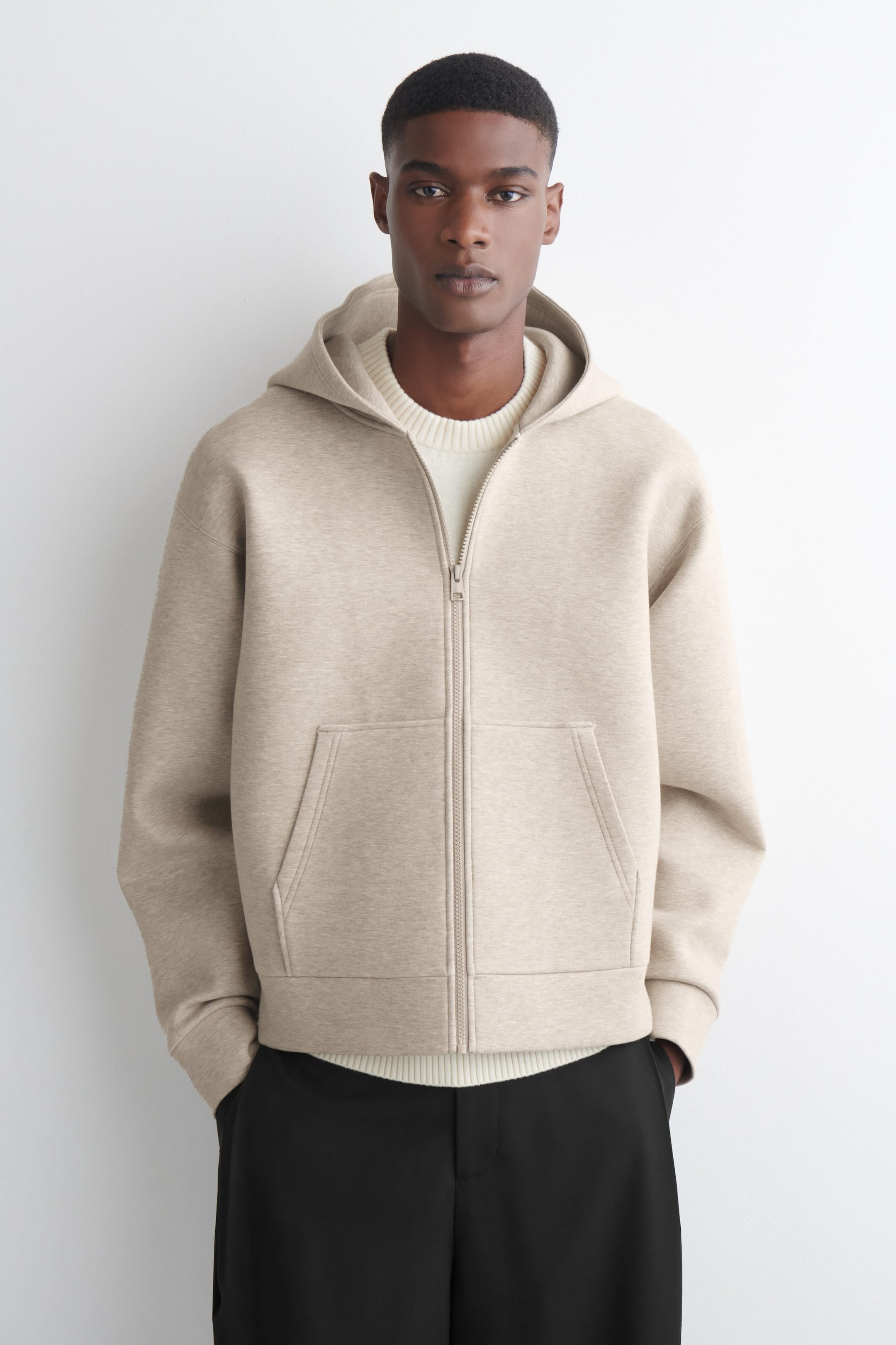 COS Beige Zip-up Hoodie — Full Zip Front, Hood, Split Kangaroo