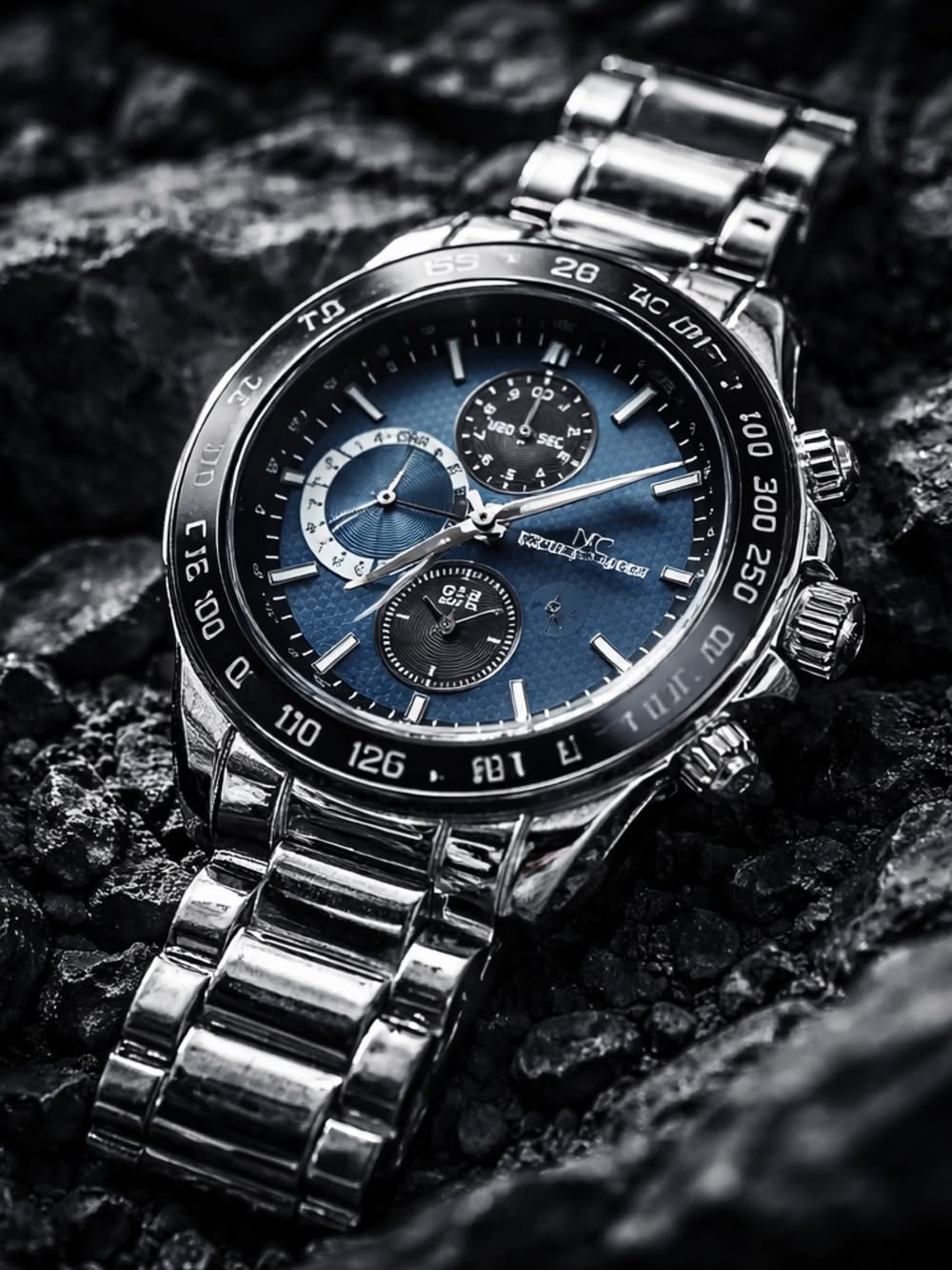 Montres Carlo Silver and Blue Chronograph Watch — Blue Textured Dial