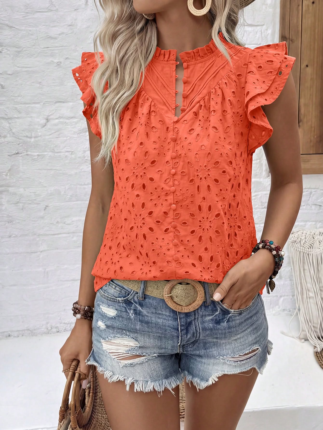 Casual Coral Orange Blouse — Frilled Stand Collar, Flutter Cap