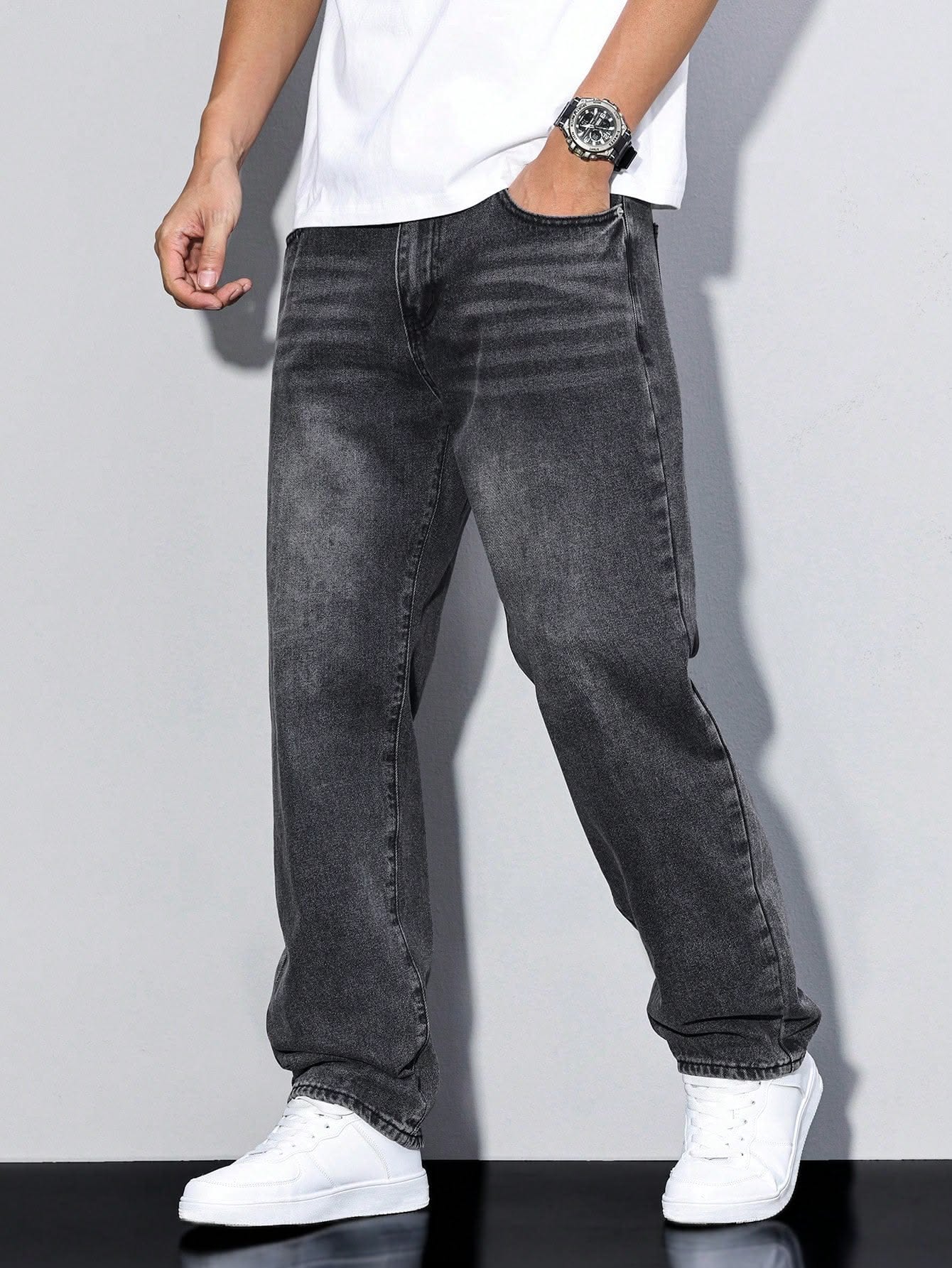 casual washed black jeans — faded wash, classic five-pocket style