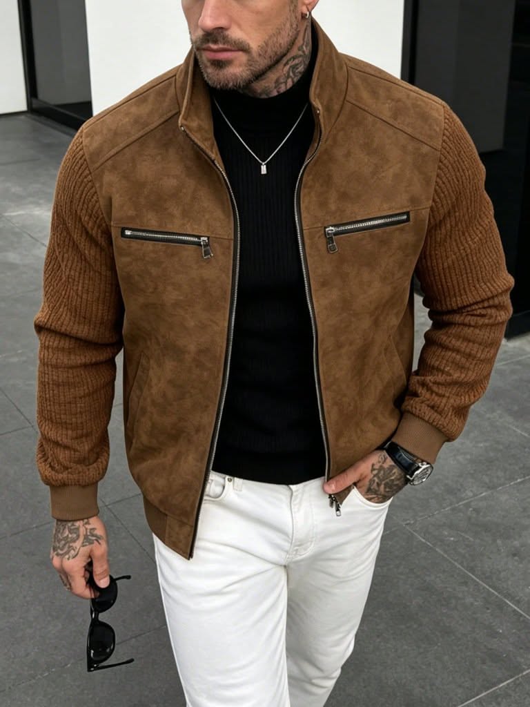 Casual Camel Brown Biker Jacket — Mock Neck, Front Zip Closure