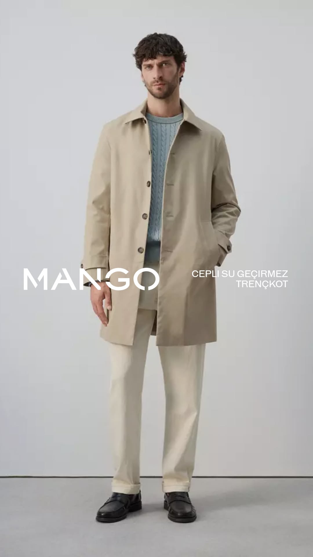 Mango light beige trench coat — classic collar, single-breasted, button-front closure with dark buttons, two front welt pockets, unbelted design, long sleeves with buttoned cuffs