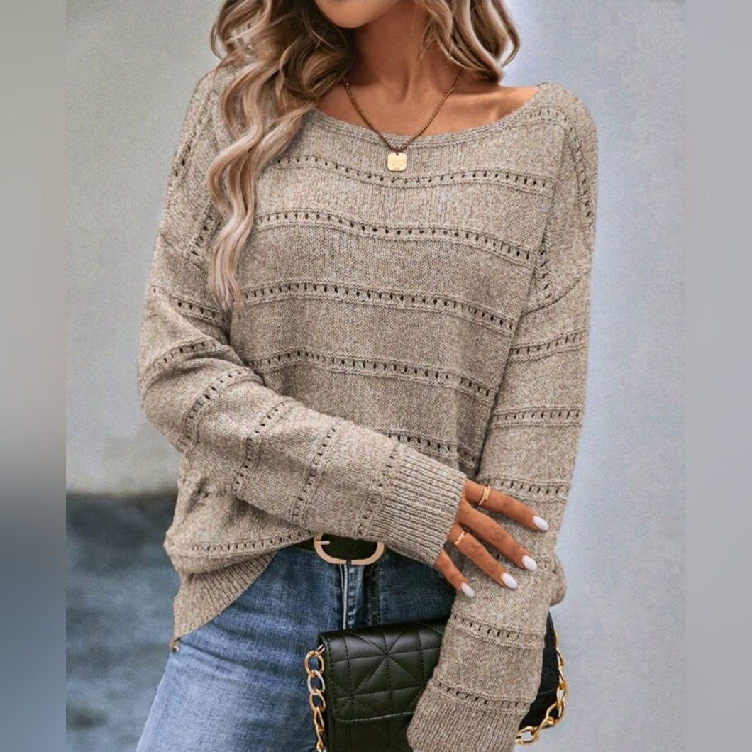 Casual Beige Tan Open Knit Sweater — Boat Neckline, Open Knit