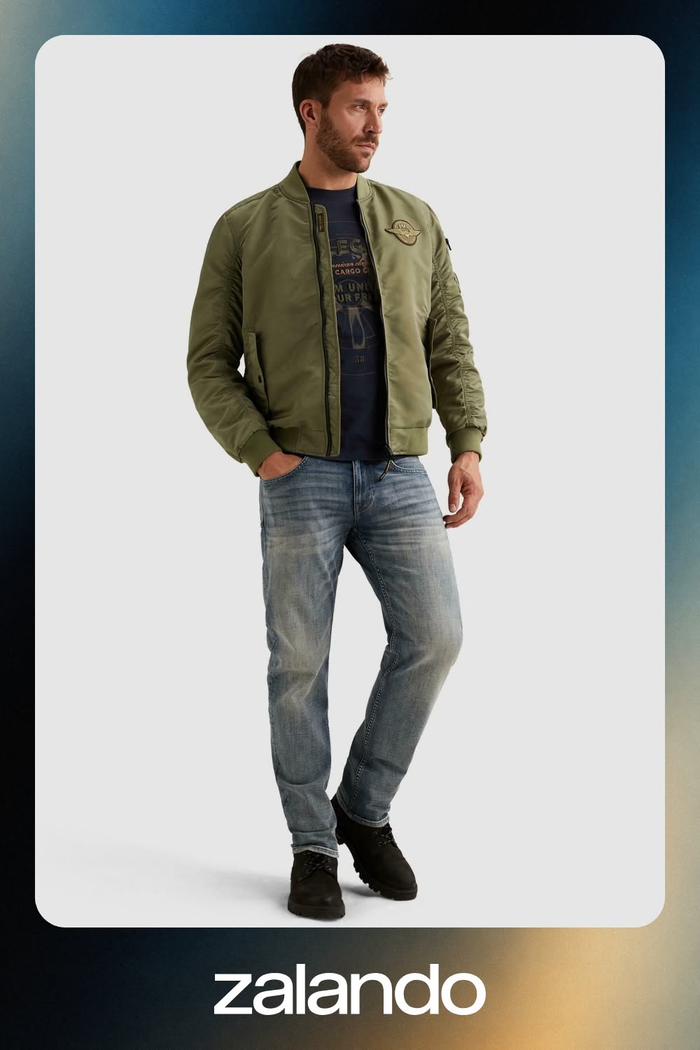 PME Legend Oil Green Bomber Jacket — Ribbed Collar, Cuffs, and Hem