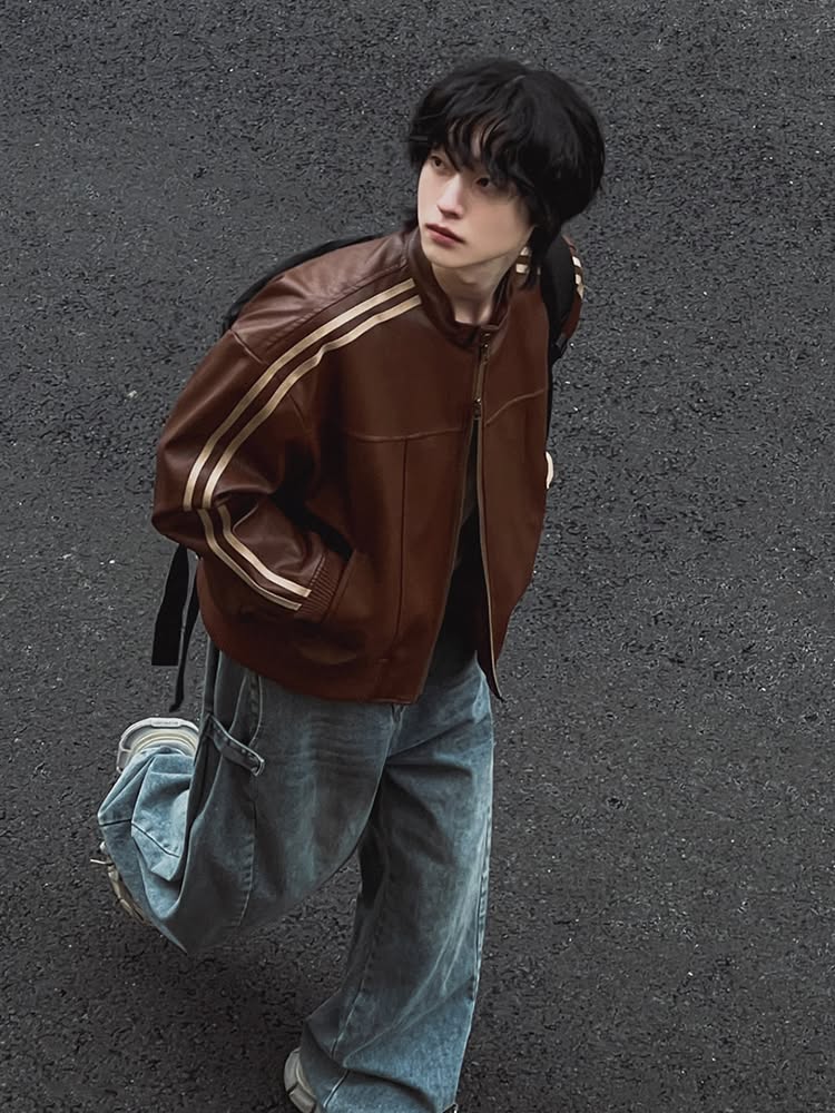 Casual Cognac Brown Bomber Jacket — Double White Stripes on Sleeves