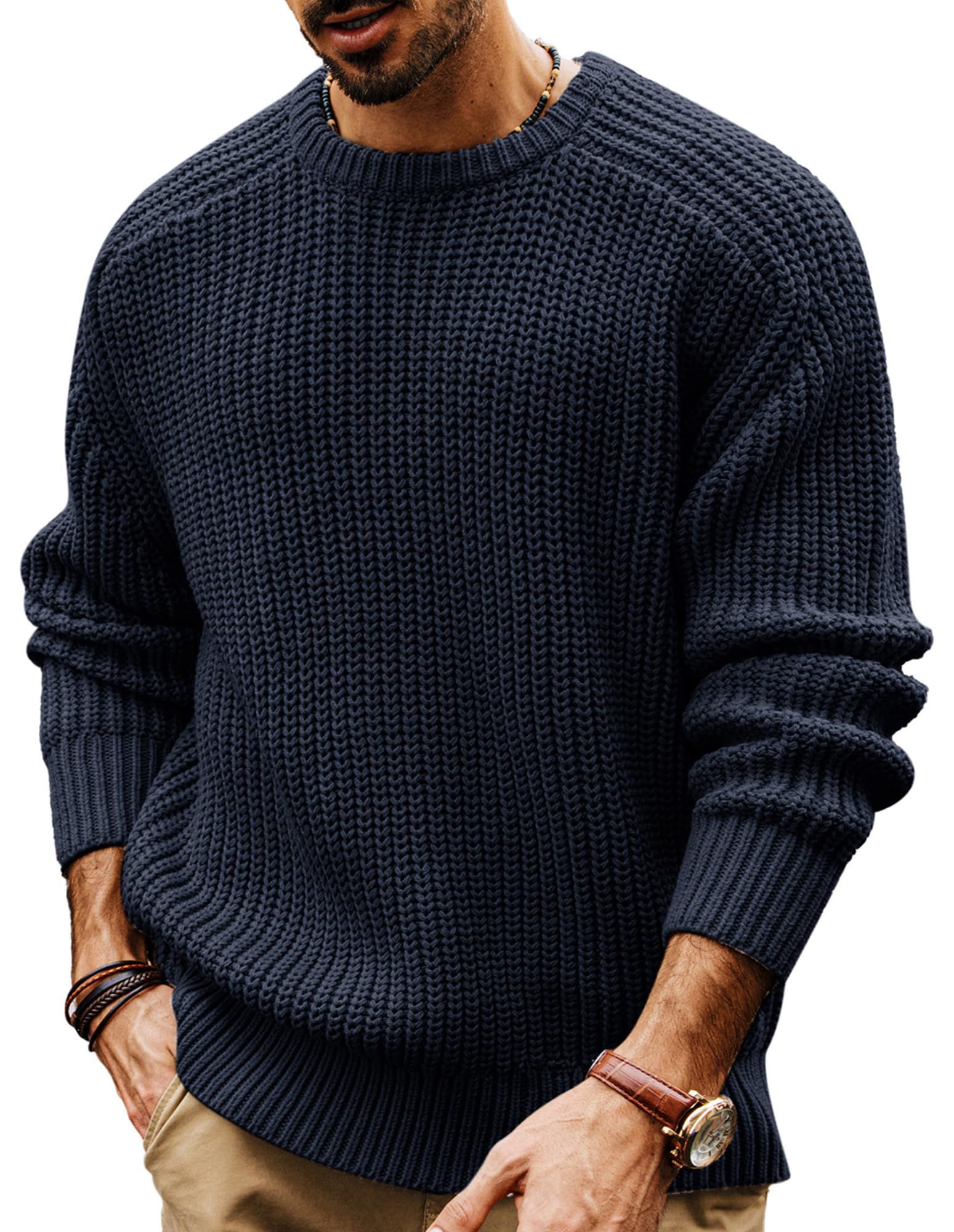 PJ Paul Jones Dark Navy Blue Sweater — Crew Neck, Chunky Ribbed Knit