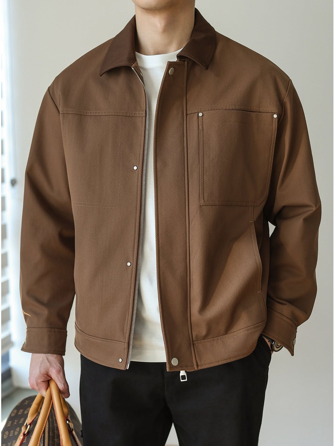Casual Brown Workwear Jacket — Corduroy Collar, Full Zip Closure