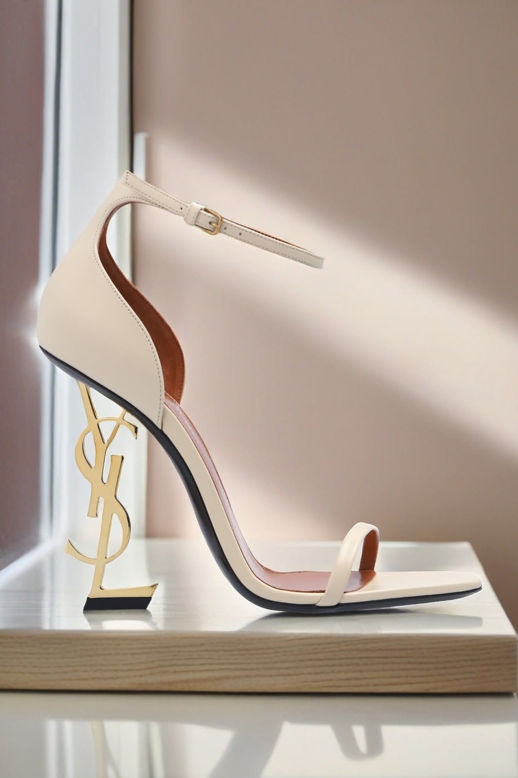 Saint Laurent Beige with Gold Heel Heeled Sandals — YSL Monogram
