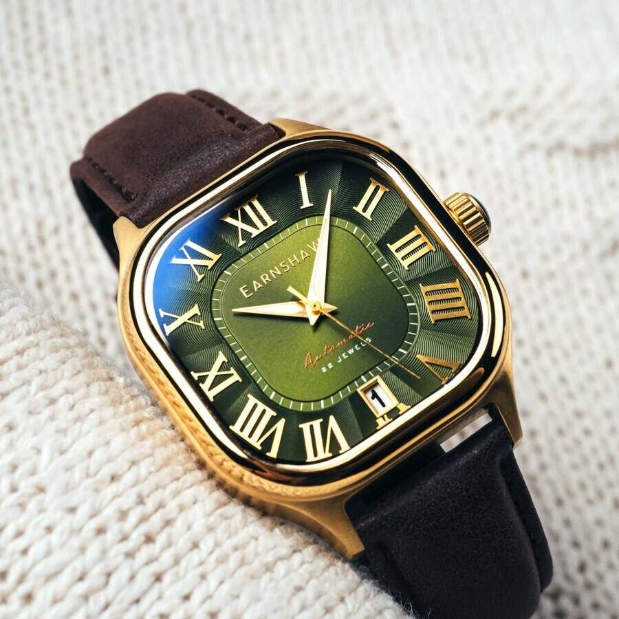 Thomas Earnshaw Gold-tone, Green, Brown Watch — Cushion Case, Green