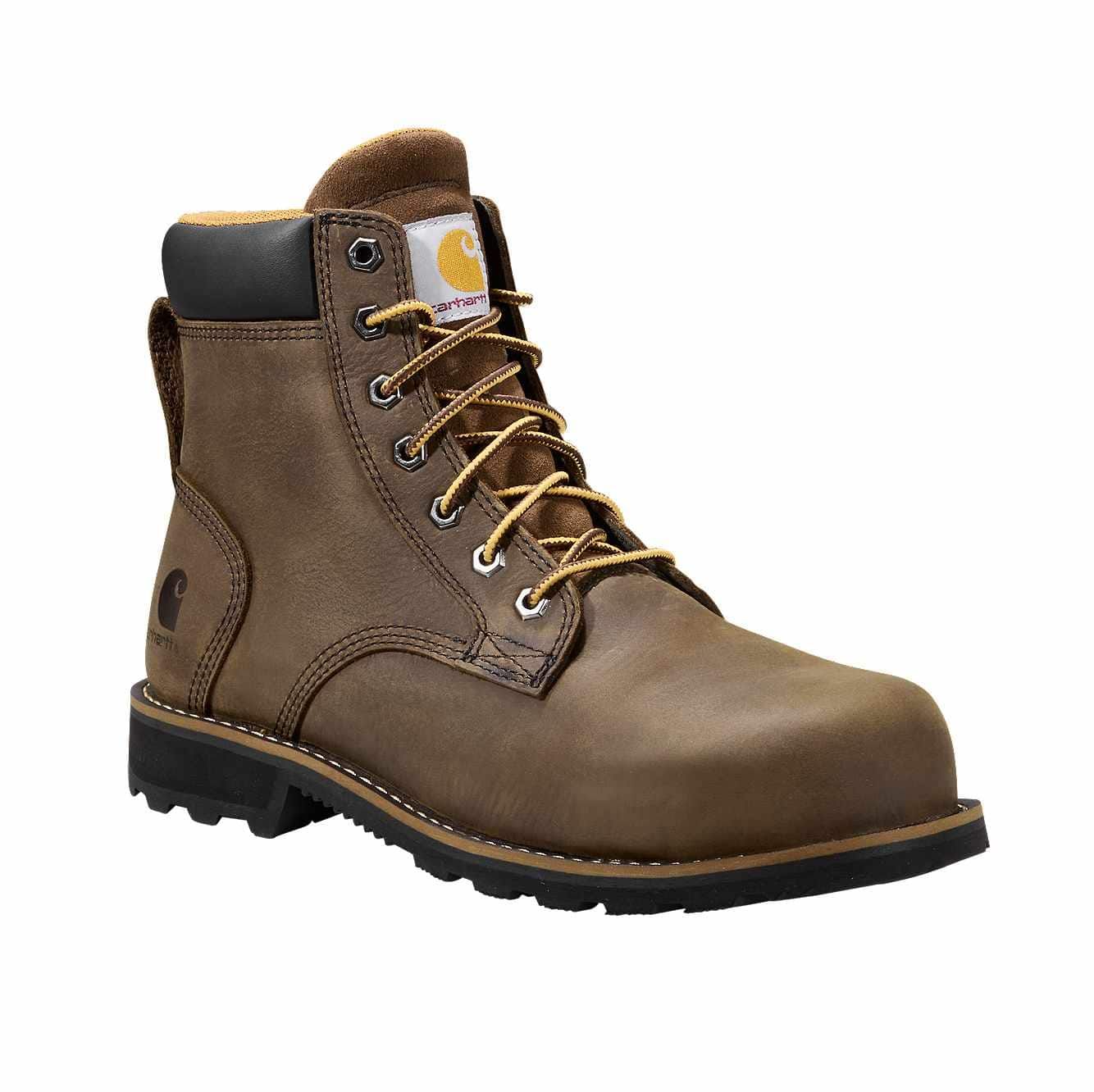 Carhartt Dark Brown Work Boot — Metal Eyelets, Yellow Laces, Padded