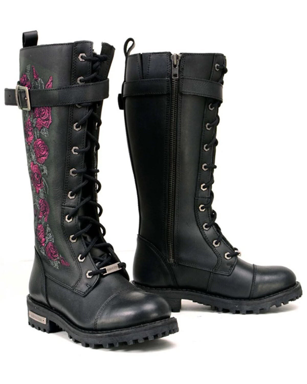 Milwaukee Leather Black Motorcycle Boots — Tall Lace-up Boots, Pink
