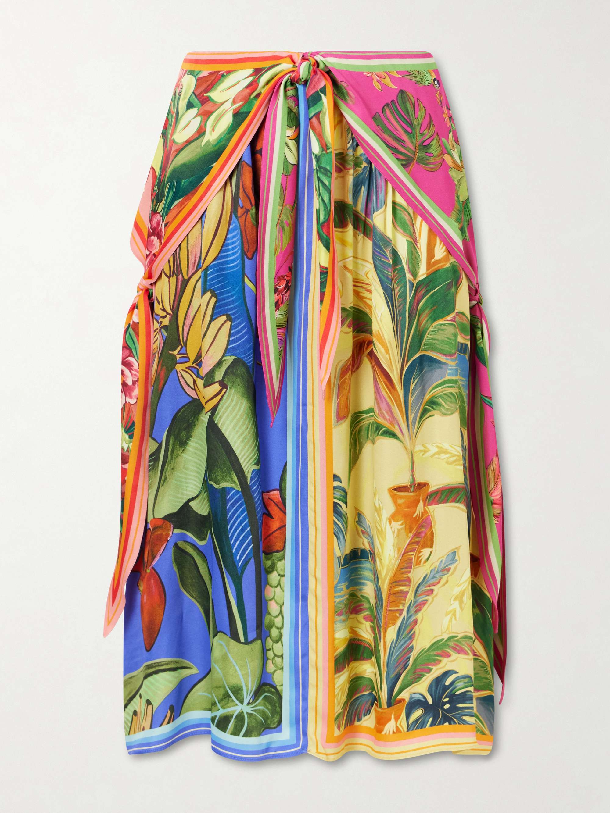 FARM RIO Rainbow Summer printed satin midi skirt
