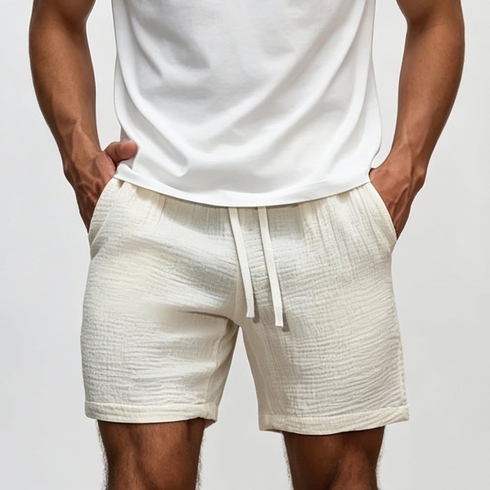 Casual Apricot Walking Shorts — Elastic Waist, Drawstring, Side