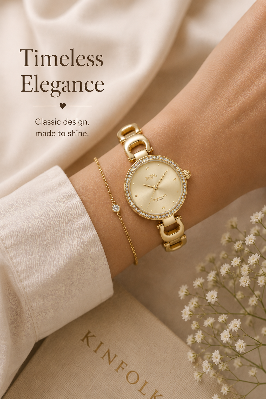 Coach gold-tone watch — round dial, crystal-studded bezel, link bracelet, Coach logo