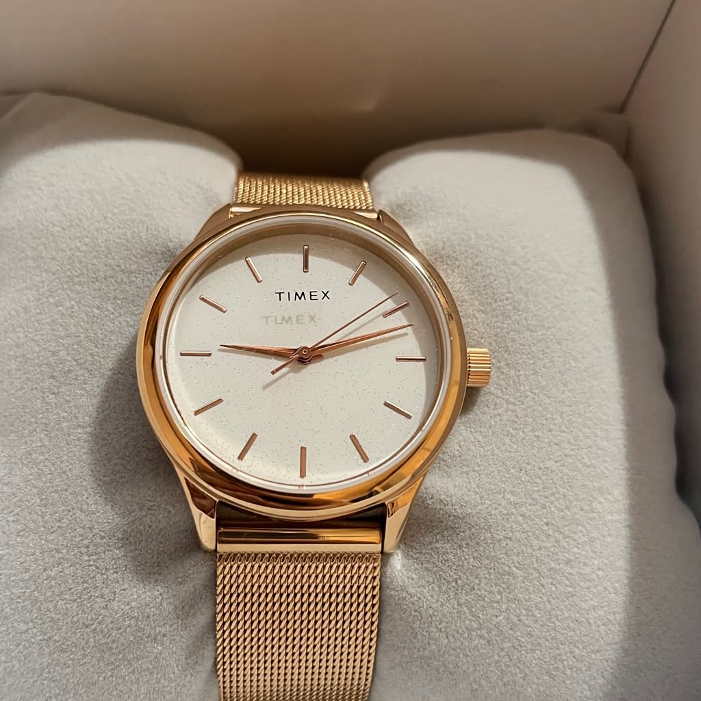 Timex Rose Gold Wrist Watch — Sparkle Dial, Mesh Strap, Minimalist