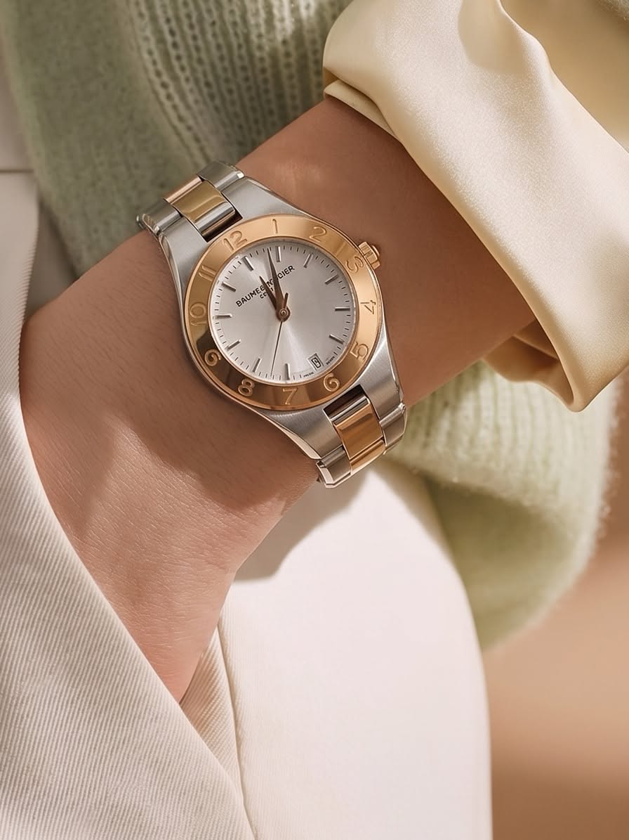 Baume & Mercier two-tone silver and gold wristwatch — round case, silver dial, gold-tone bezel with engraved numerals, date window at 6 o'clock, two-tone metal bracelet