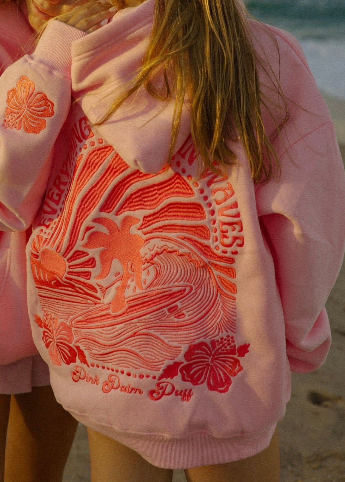 Pink Palm Puff Pink Hoodie — Everything Comes in Waves Text, Pink
