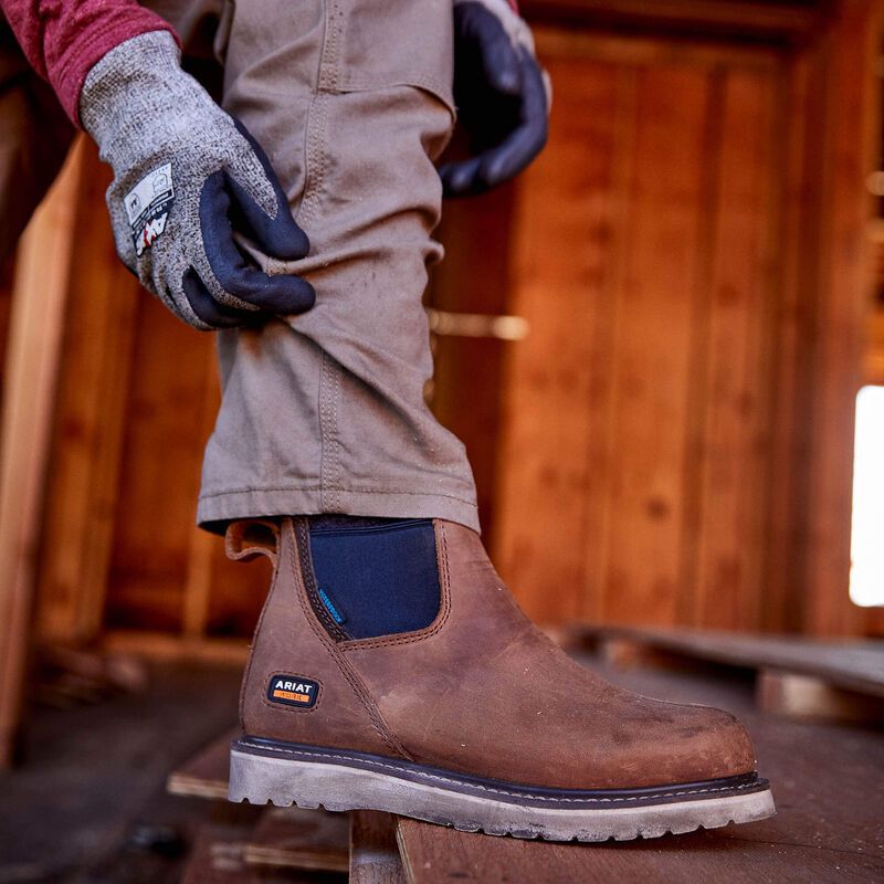 Ariat distressed brown work boot — Chelsea style elastic side panels, pull tabs, wedge sole, round toe, waterproof tag