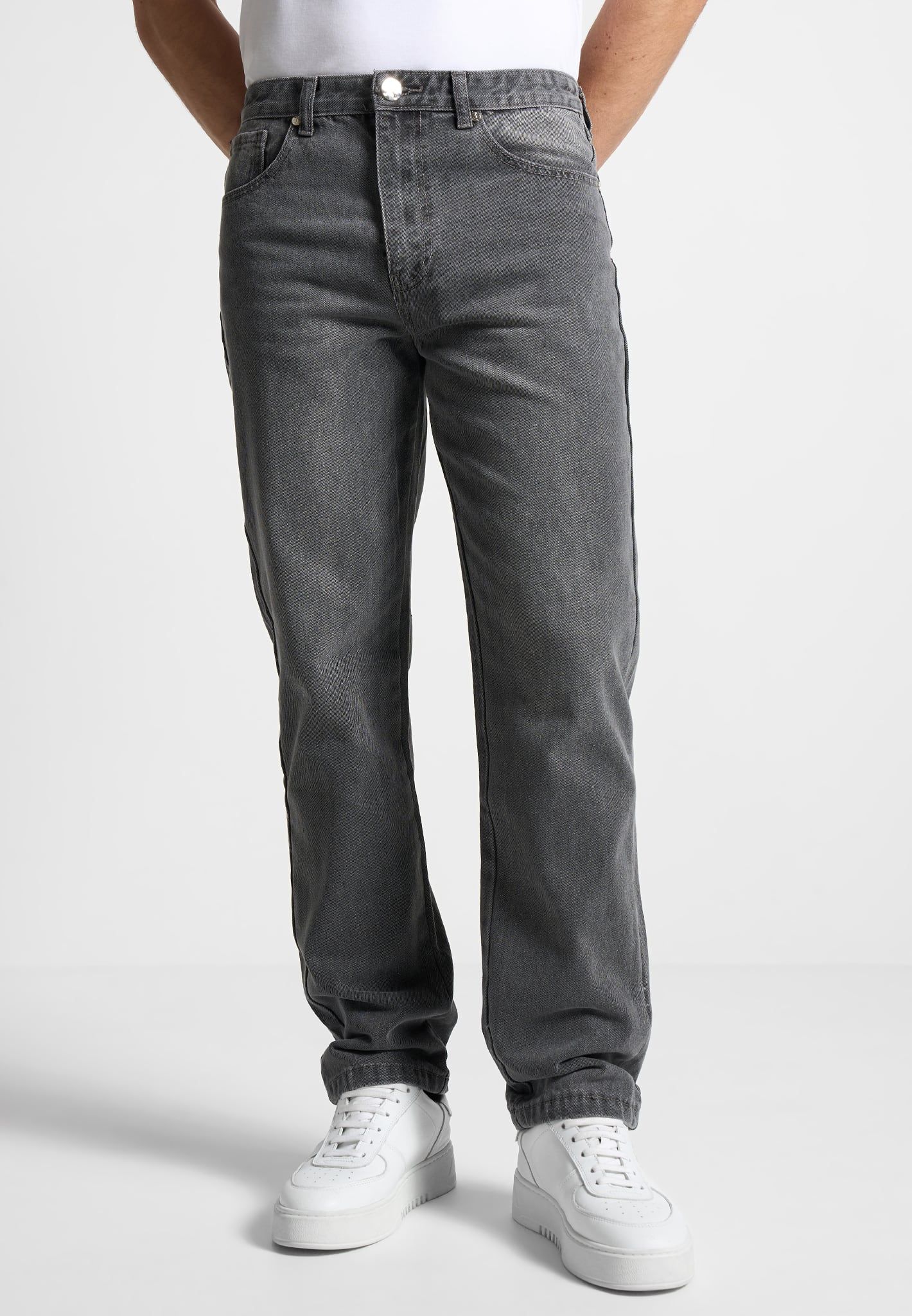 Maniere de Voir Washed Dark Grey Jeans — Faded Wash, Contrast