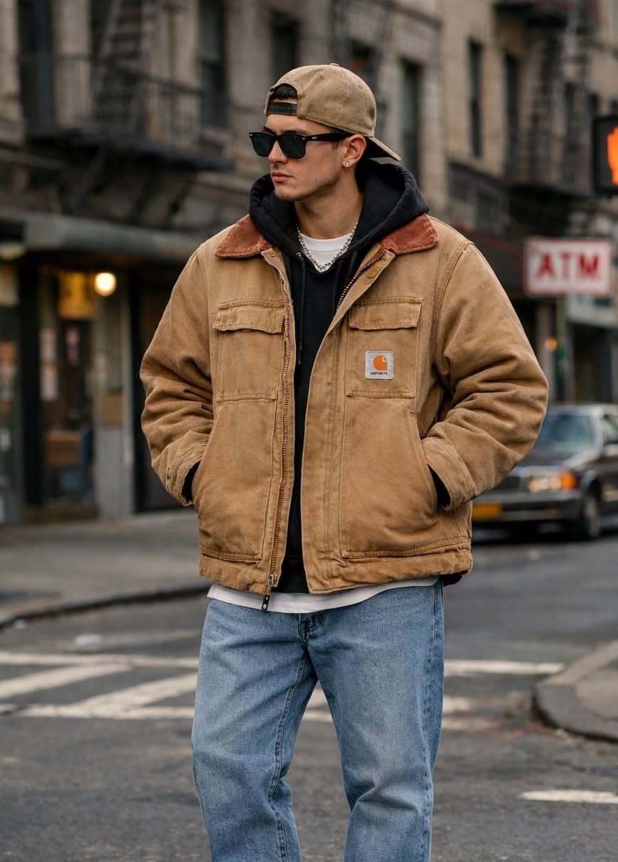 Carhartt tan brown work jacket — corduroy collar, full zip closure, two chest flap pockets, two lower slash pockets, ribbed cuffs and hem, Carhartt logo patch on left chest pocket