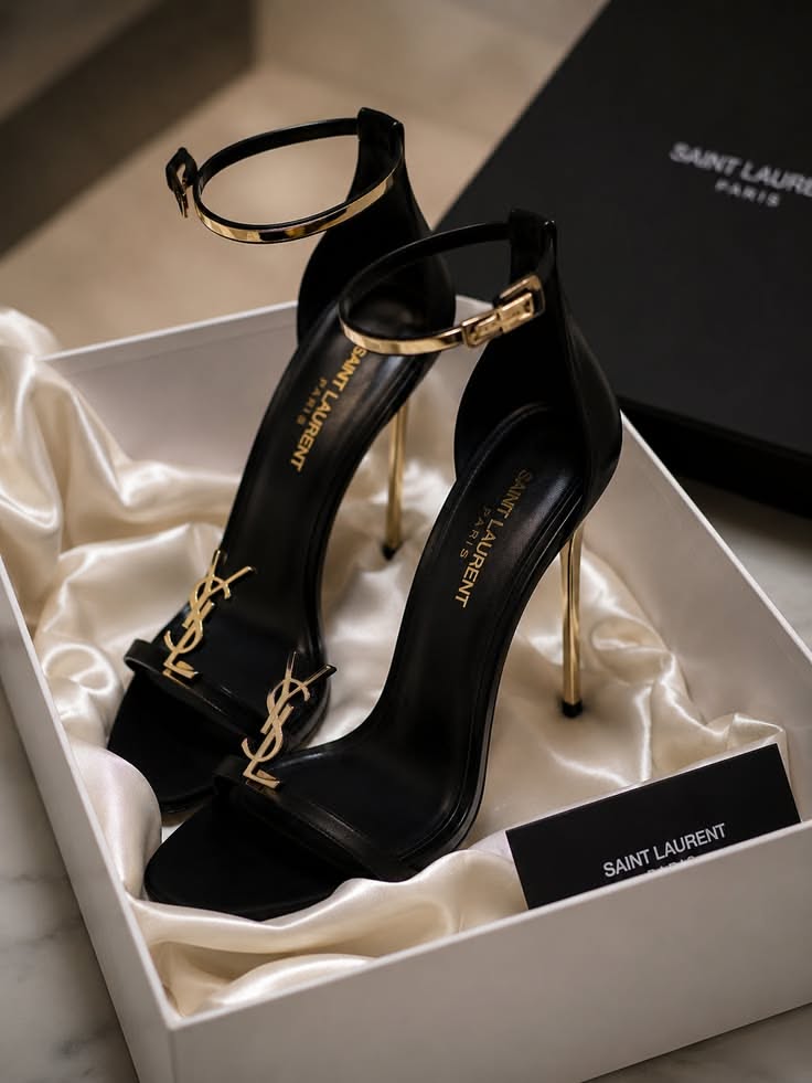 Saint Laurent Black with Gold Accents Heeled Sandals — YSL Logo Heel