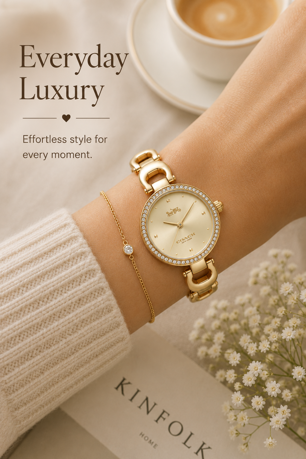Coach gold-toned wristwatch — round dial, crystal-encrusted bezel, link bracelet, Coach logo on dial, minimalist hour markers