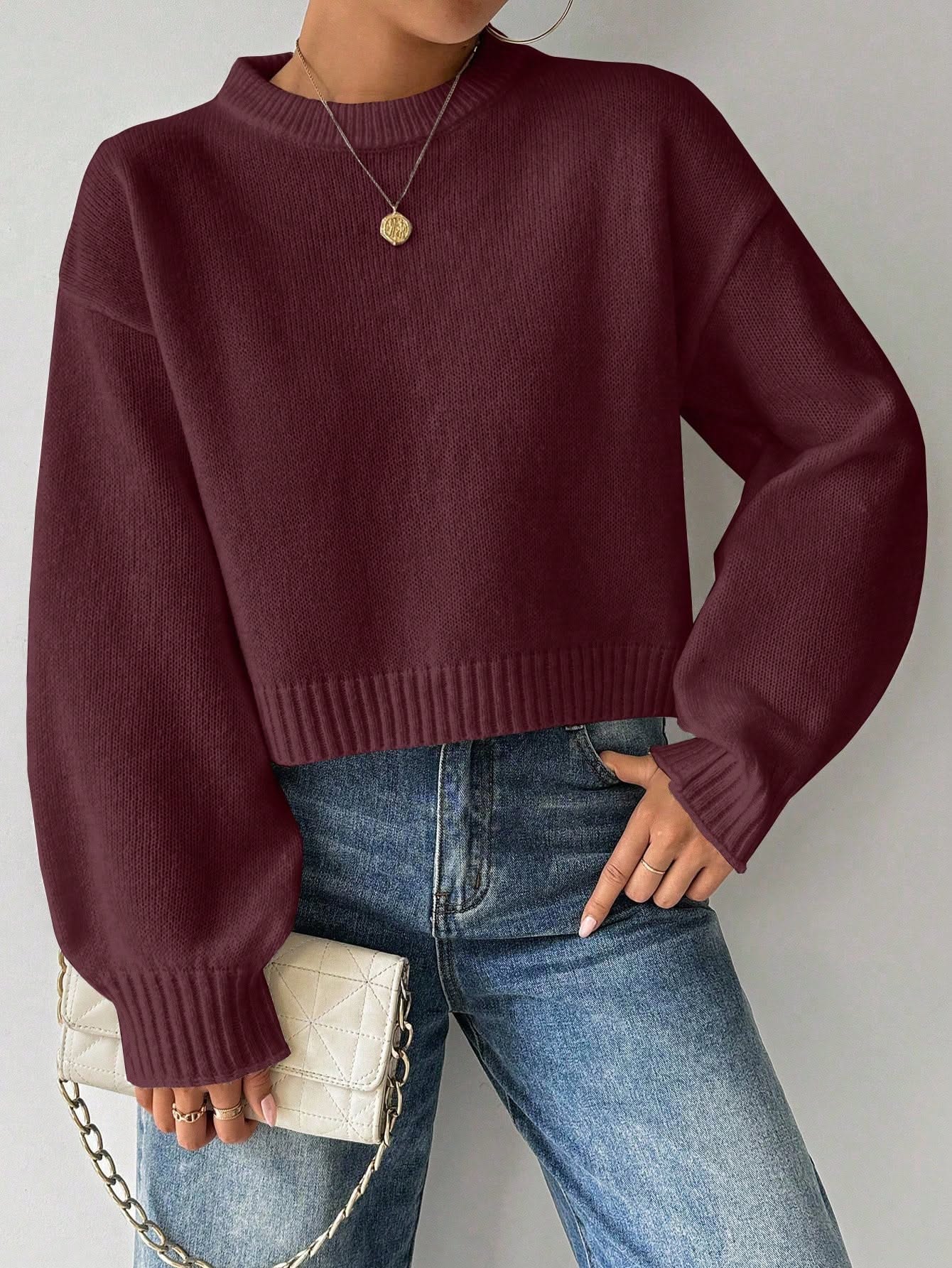 Tropiluxe Burgundy Sweater — Crew Neckline, Ribbed Collar, Cuffs