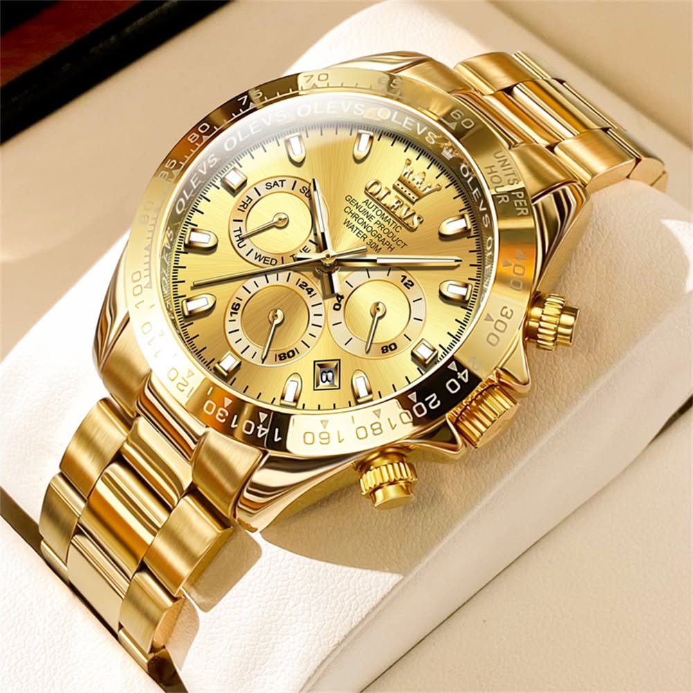 OLEVS Gold Wristwatch — Gold-tone Finish, Chronograph Sub-dials
