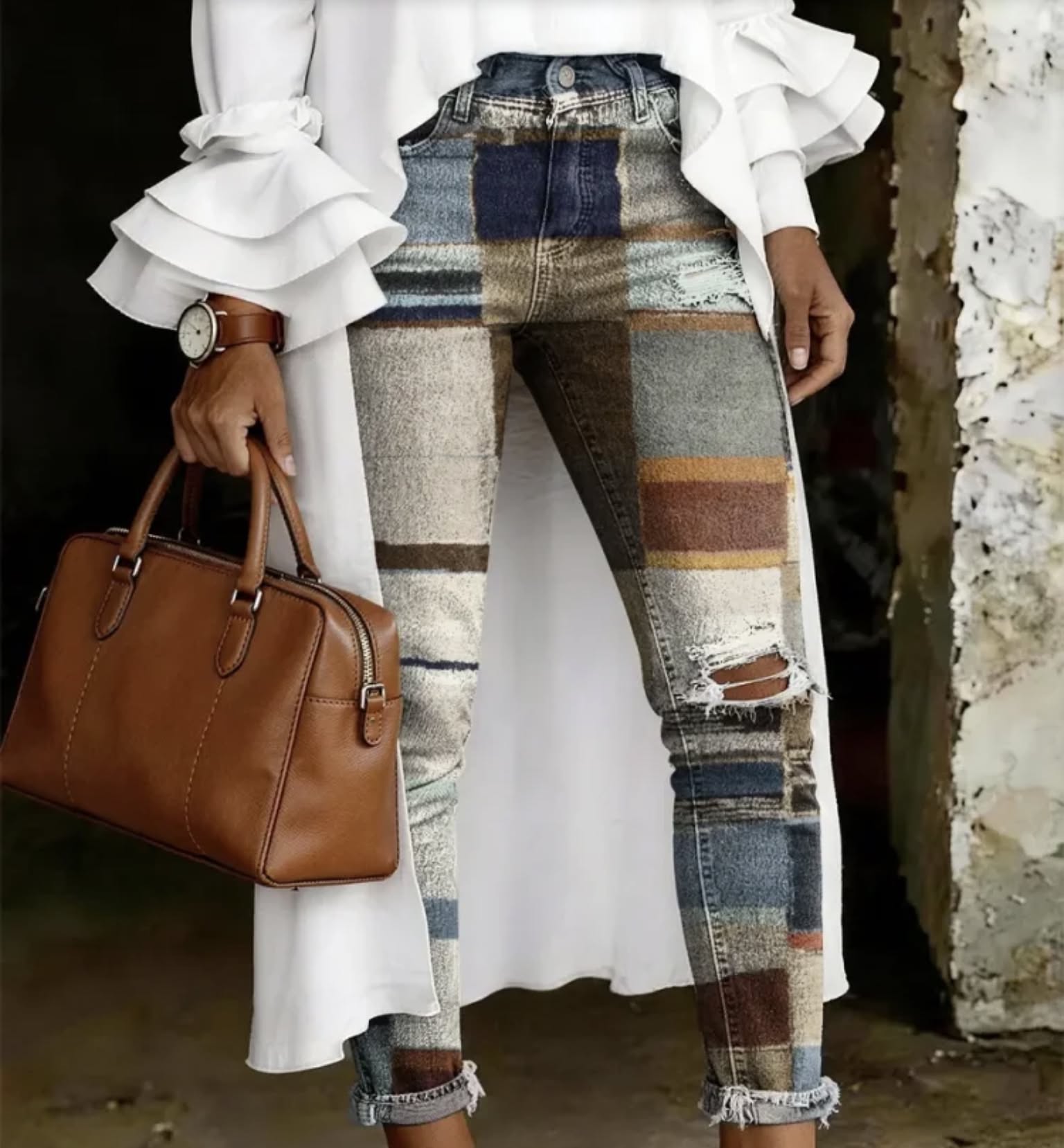 casual multi-color jeans — distressed knee, raw hem, mixed fabric patchwork