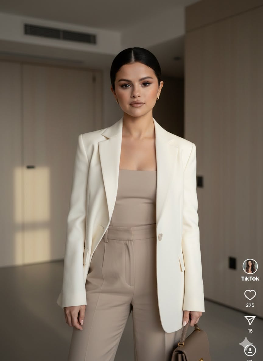 Selena Gomez Ivory White Blazer — Peak Lapels, Single-button Closure