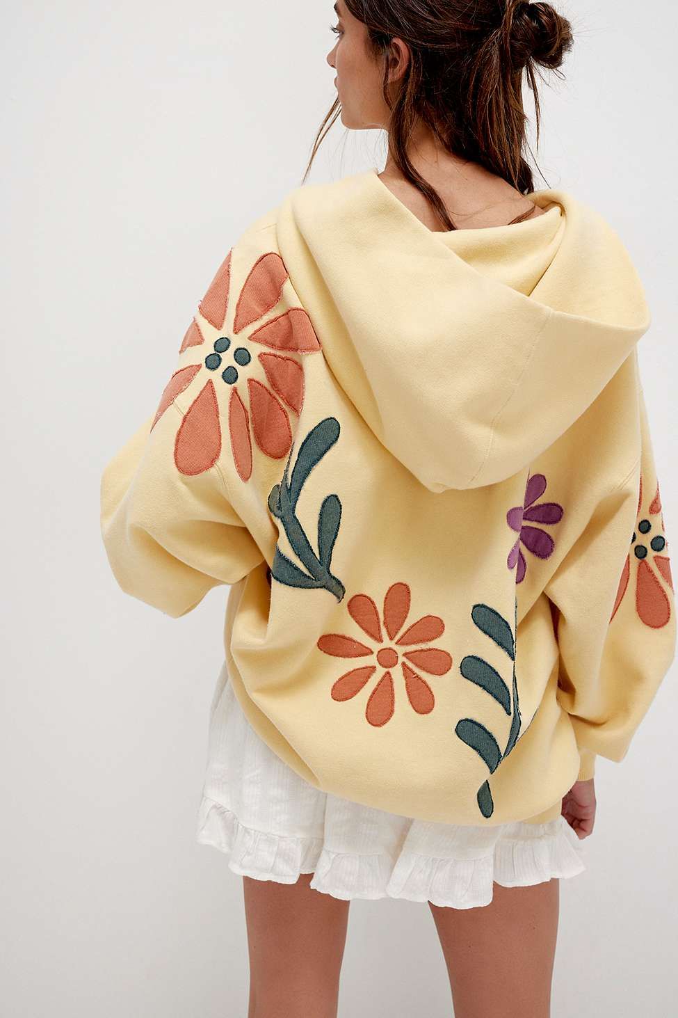 We the Free Light Yellow Hoodie — Colorful Floral and Leaf Appliqués